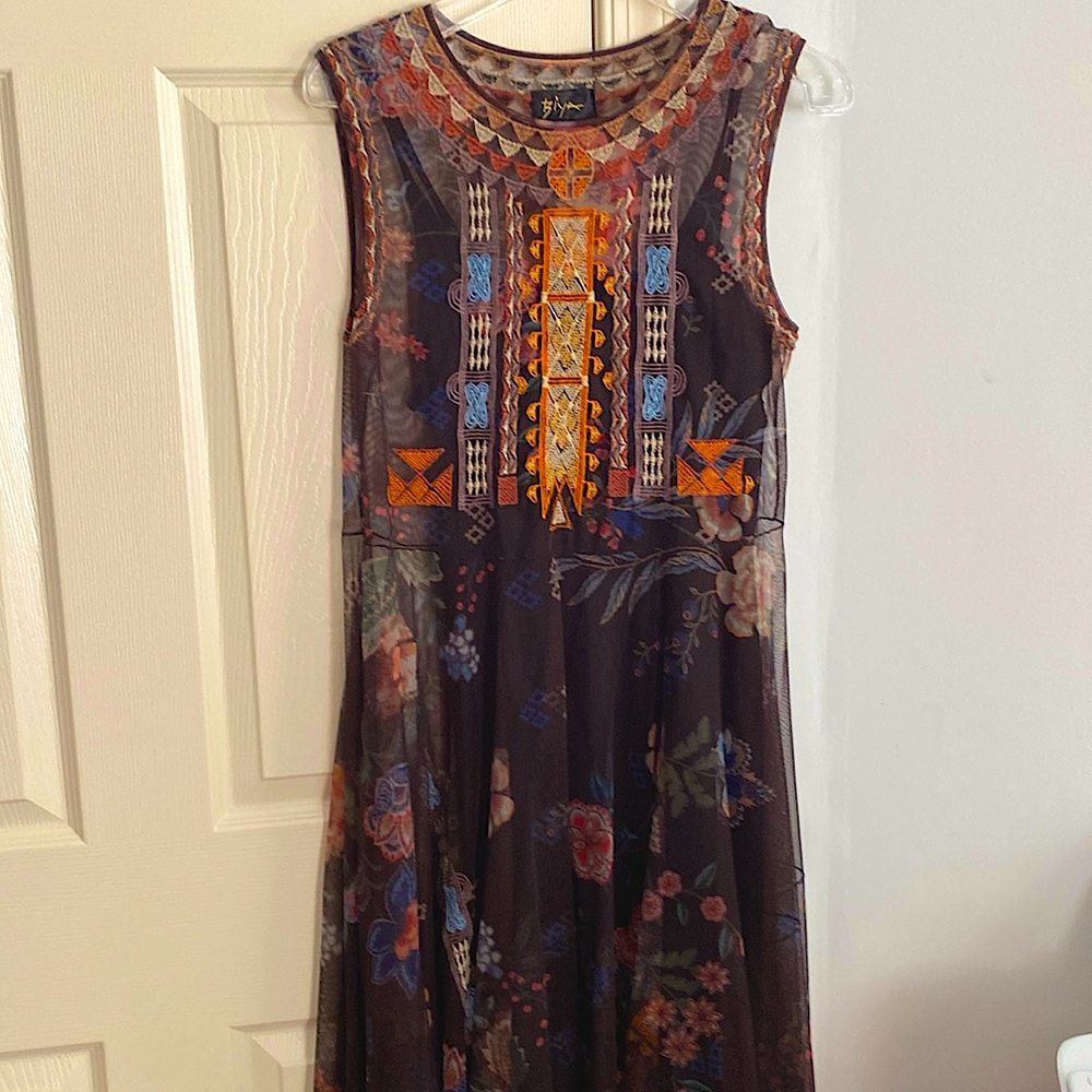 New embroidered dress by Johnny Was. Light in brown color with contrast design.